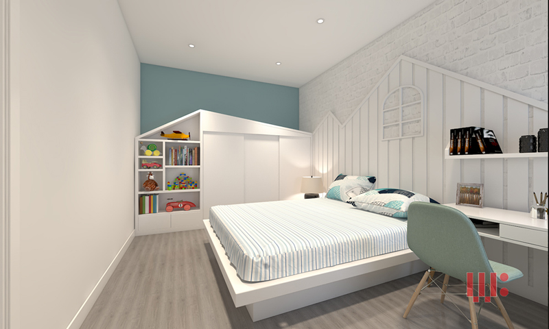 Phòng ngủ tươi trẻ với nền màu trắng kết hợp xanh đẹp mắt