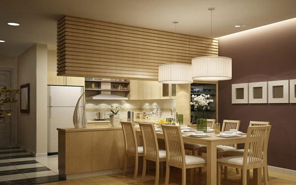 Thiết kế nội thất phòng ăn với vật liệu gỗ 