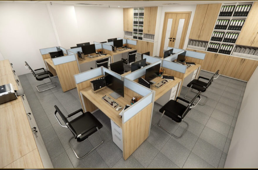 văn phòng được thiết kế với tường, trần màu trắng, nền xám và bàn ghế màu vàng gỗ