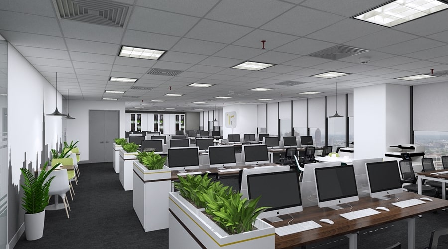 Thiết kế nội thất văn phòng Phú Quý Land đen trắng với cây xanh điểm xuyến
