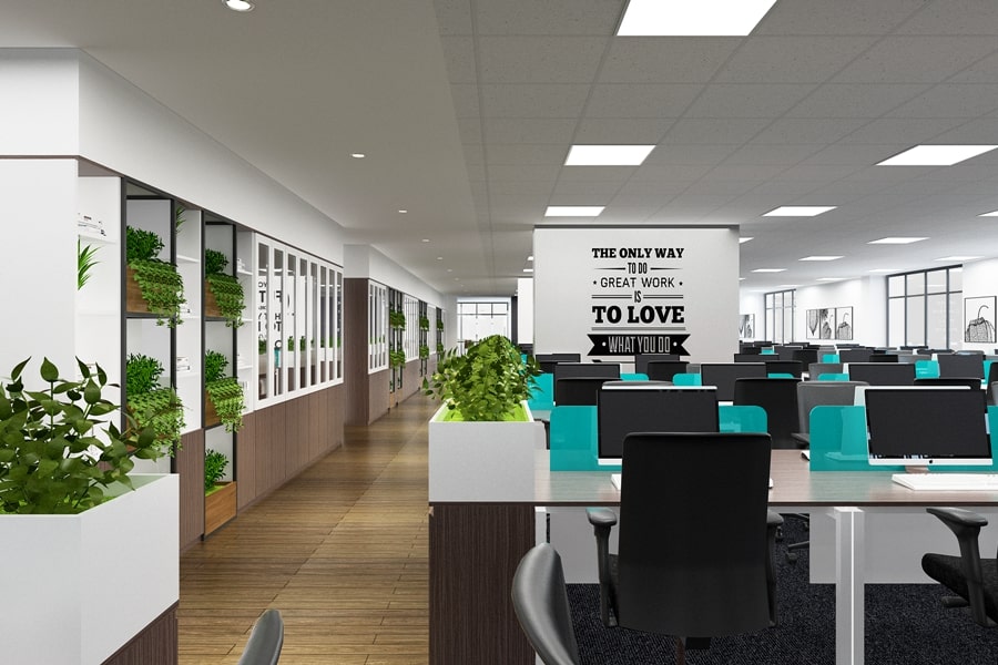 Văn phòng không gian mở chiều dọc kết hợp cây xanh
